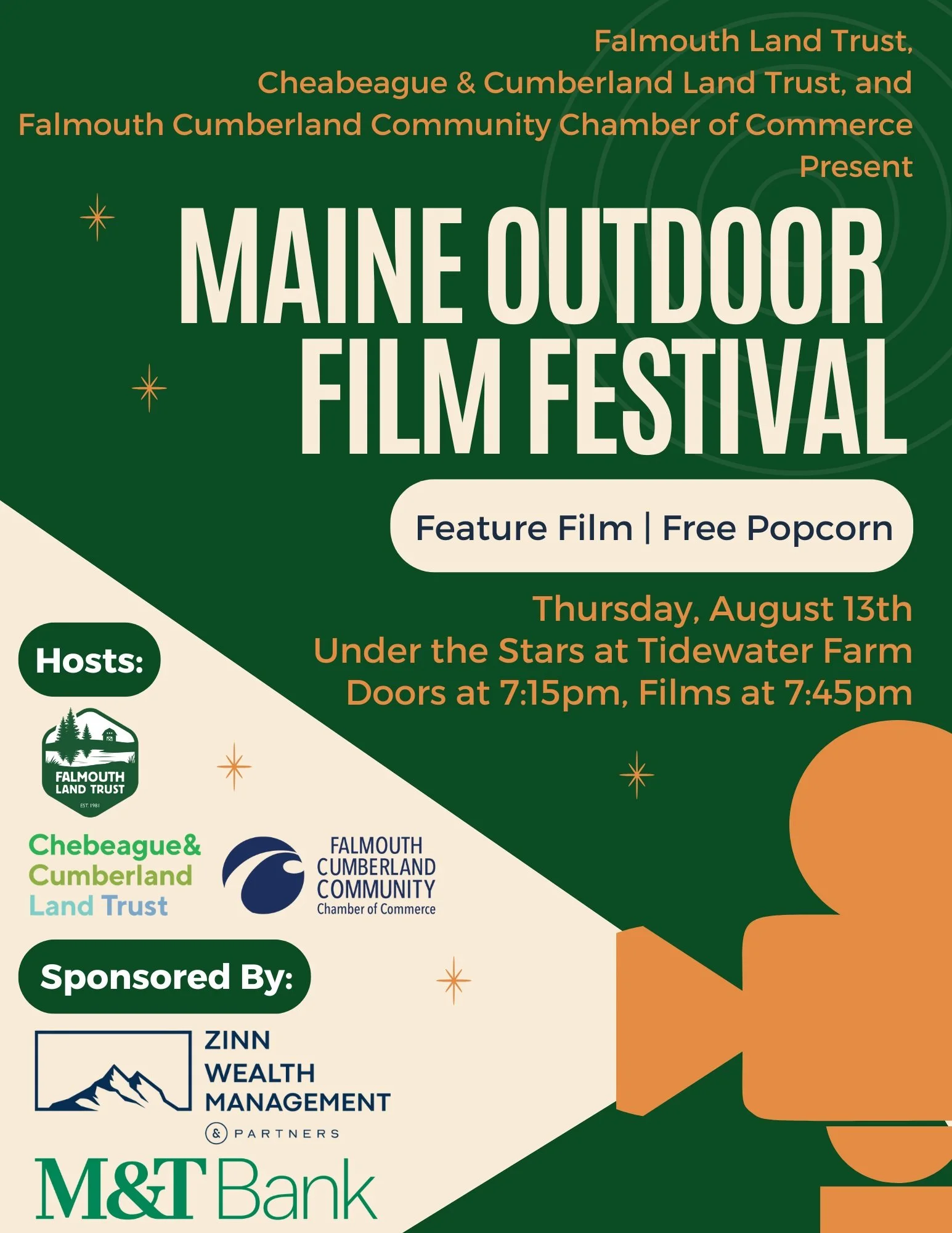 The @maineoutdoorfilmfestival is coming back to Tidewater Farm for a fourth year! 

Join FLT, @chebeaguecumblandtrust, and the Falmouth Cumberland Community Chamber of Commerce (@portlandregionalchamber) under the stars on Thursday, August 13th for a