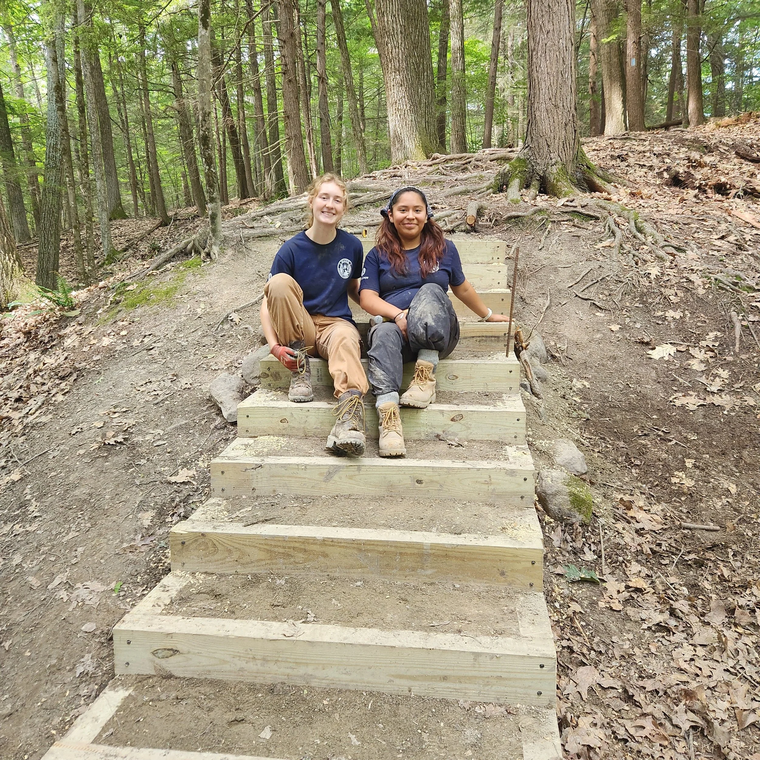 Remember how we told you that a @maineconservationcorps trail crew would be working at Community Park? They are making some incredible progress! Check out the two new sets of steps they've been building into two notoriously steep and slippery areas. 