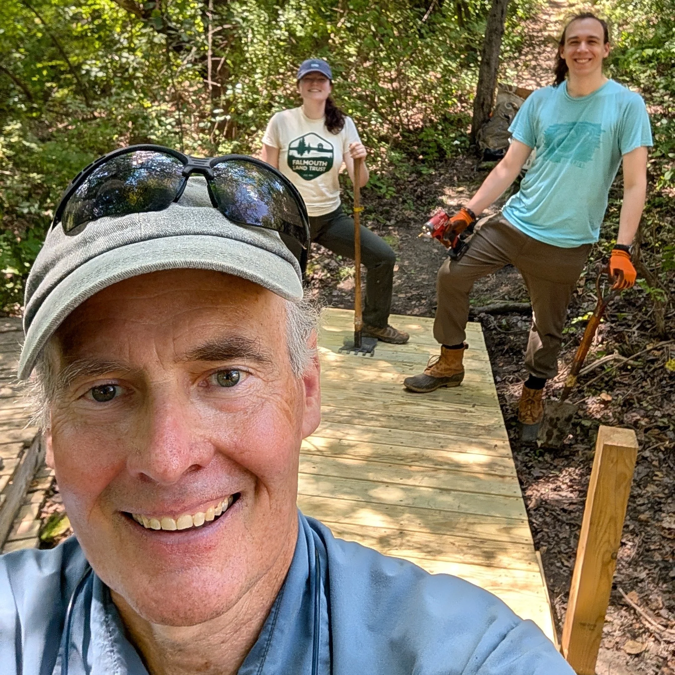 We've had another summer filled with some major bridge replacements!

@myfavoritefalmouth staff and FLT staff and interns teamed up to replace five (yes five!) old bridges along the trails at Tidewater Farm and added a bog bridge to a muddy section i