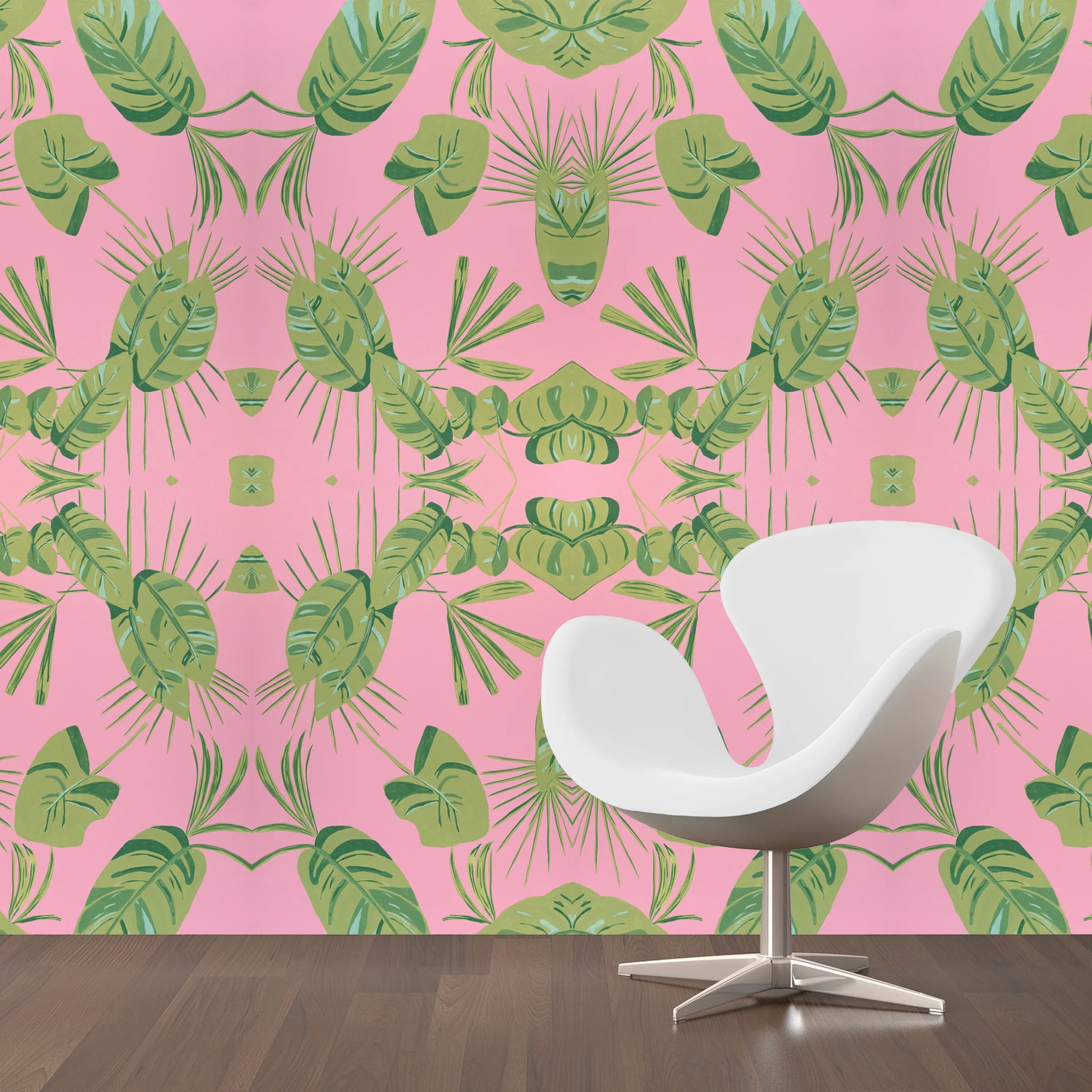 Dandridge Art | Pink & Green Palm Frond Wallpaper | Mirrored Repeat