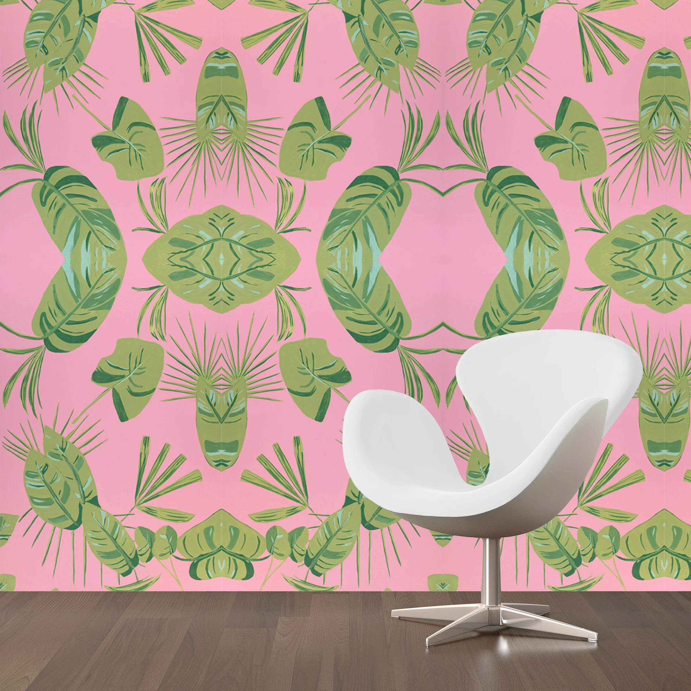 Dandridge Art | Pink & Green Palm Frond Wallpaper | Large Scale | Mirrored Repeat