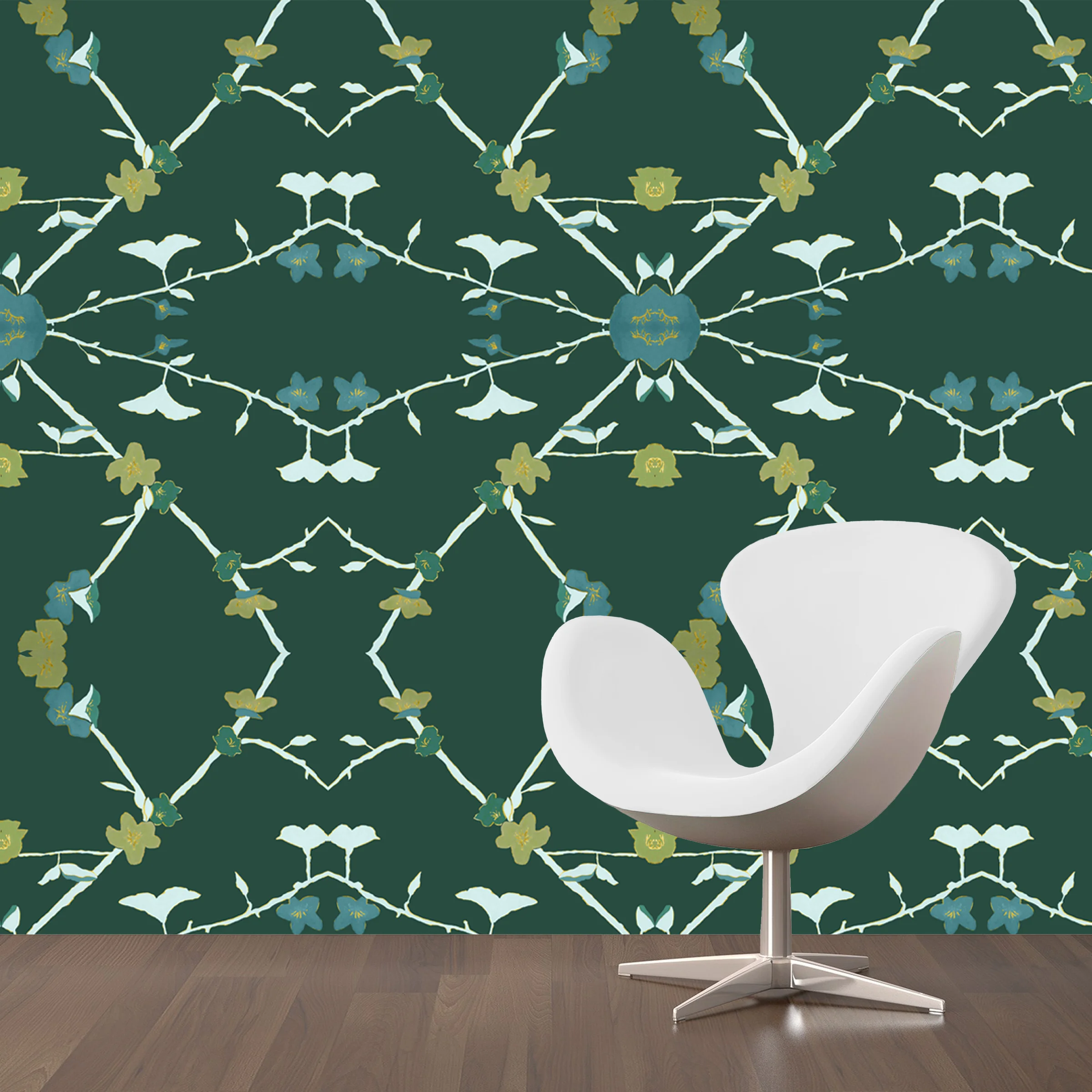 Dandridge Art | 70's Floral Wallpaper | Teal | Large Scale | Mirrored Repeat