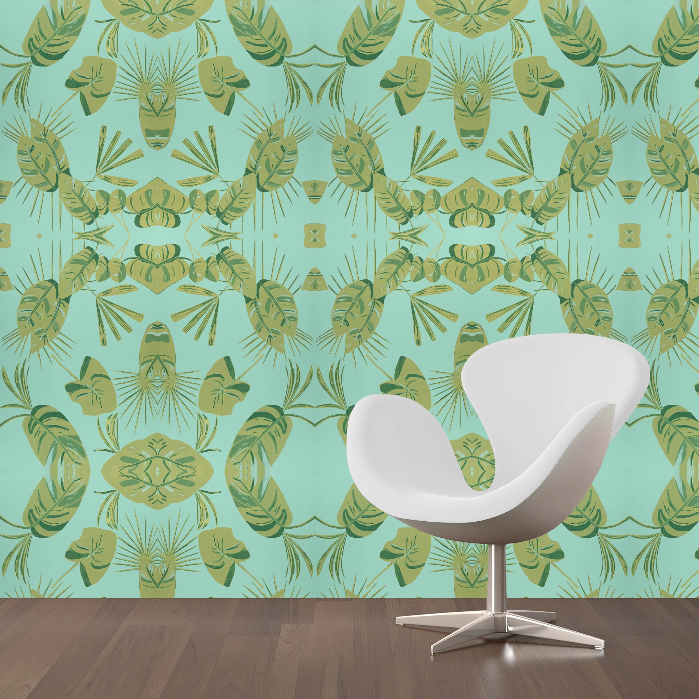 Dandridge Art | Blue & Green Palm Frond Wallpaper | Mirrored Repeat