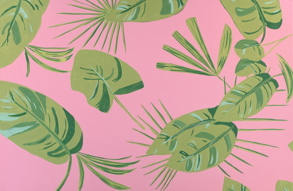 Pink & Green Palm Frond | 28"h x 42"w | Acrylic on Canvas | Dandridge Art | Abstract Art