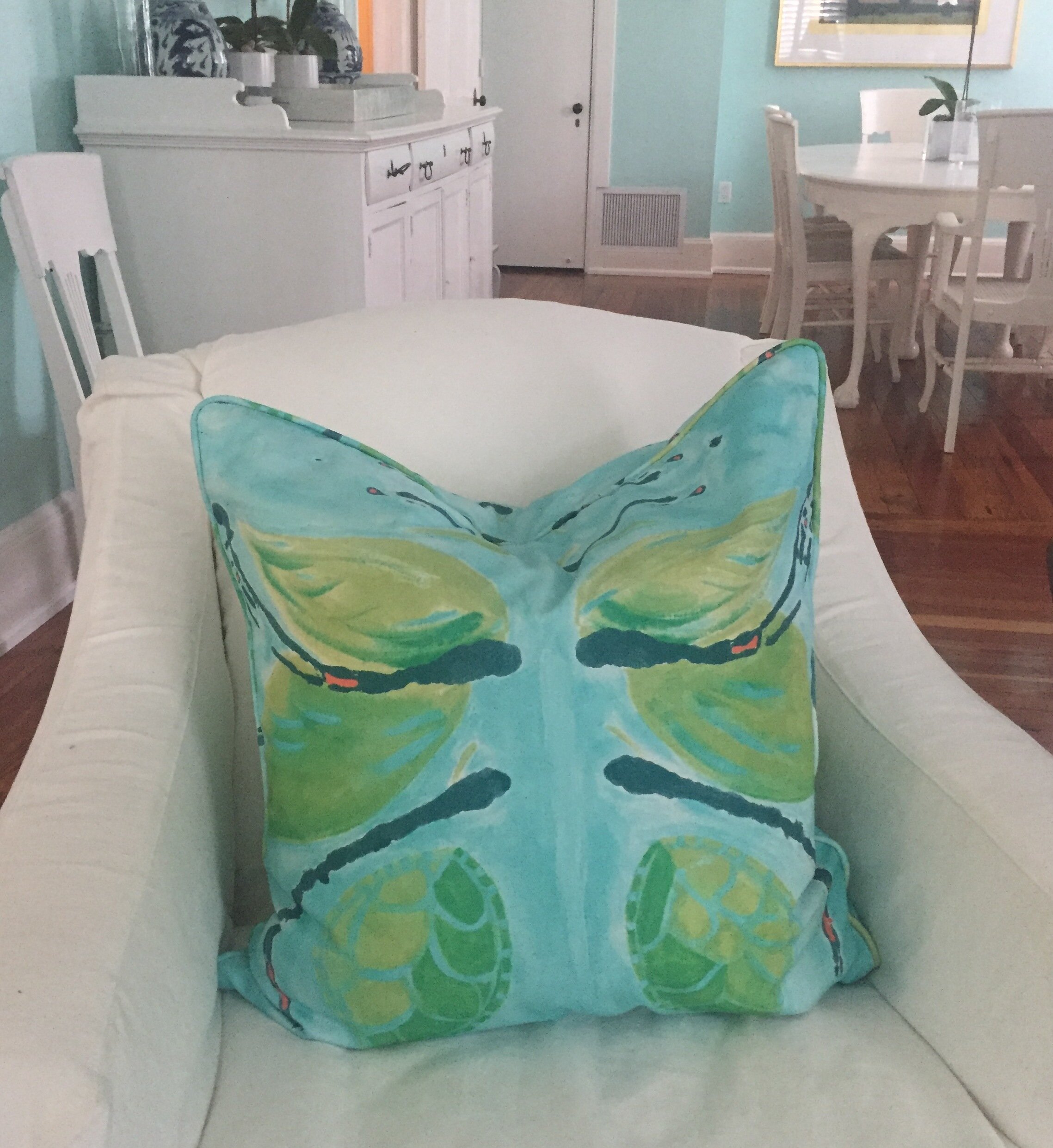 Dandridge Art | Green Butterfly Pillow | 22" x 22" | Basketweave Cotton Canvas | Abstract Decorative Pillow