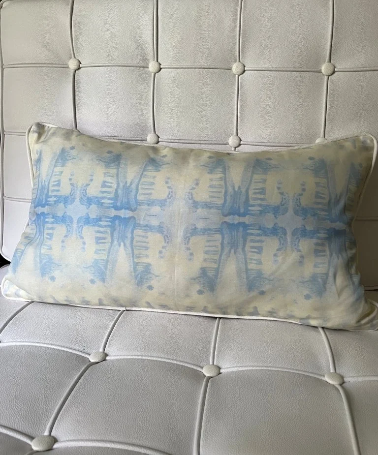 Dandridge Art | Blue Ink Decorative Lumbar Pillow | 14 x 24 | Linen Cotton Canvas | White Cording and Backside | Down Insert