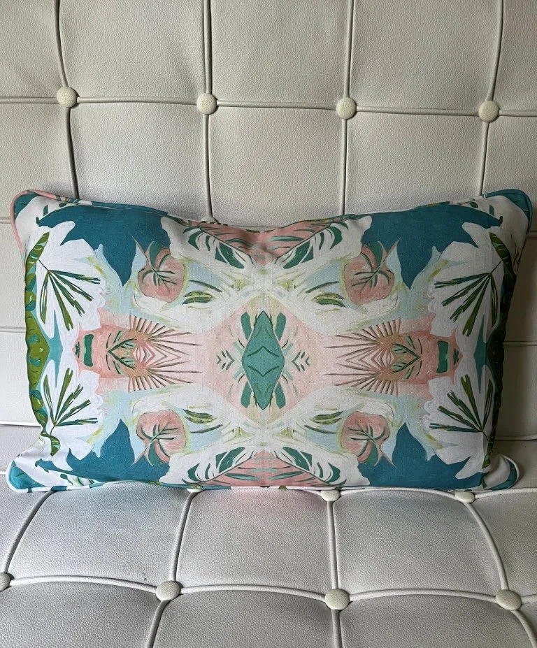Dandridge Art | Sumatra Gardens | Decorative Lumbar Pillow | 14 x 23 | Outdoor Repreve | White Cording and Backside | Outdoor Insert