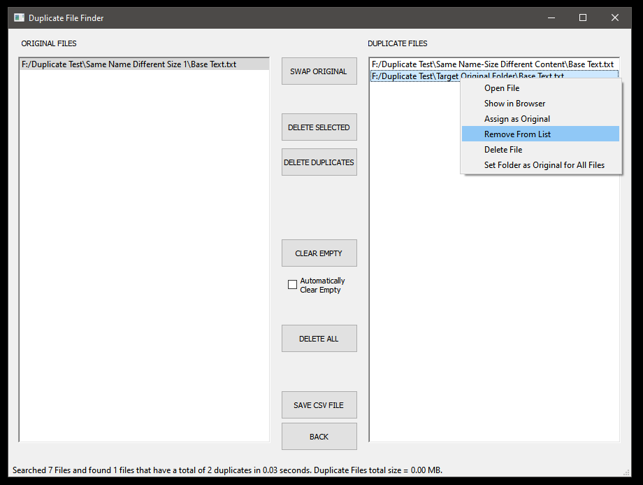  You are then presented with two lists of files. The one on the left contains the “Original Files” which is the one that will be kept and the right the “Duplicate Files” which you can choose to delete or set as the original. You can also select any f