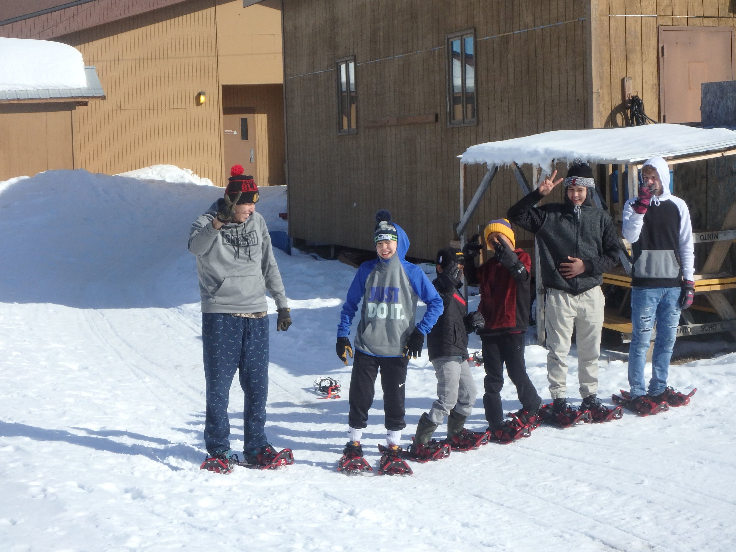 Minto School students ready to mark trail with their snowshoes.