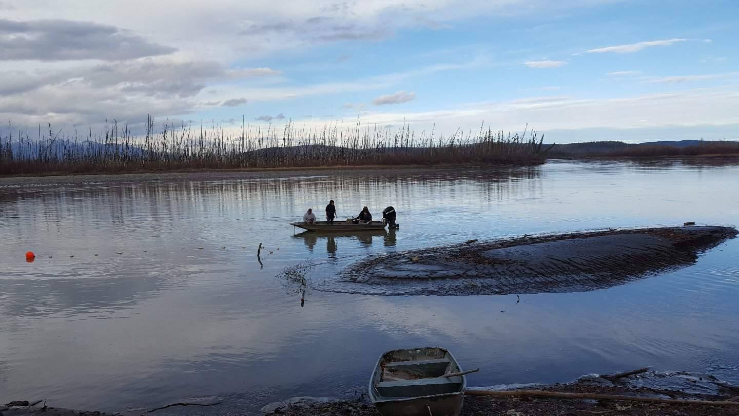 Students in boat catching salmon in Tanacross.