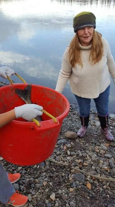 Teacher Bryn Fadum with a fish from catch.