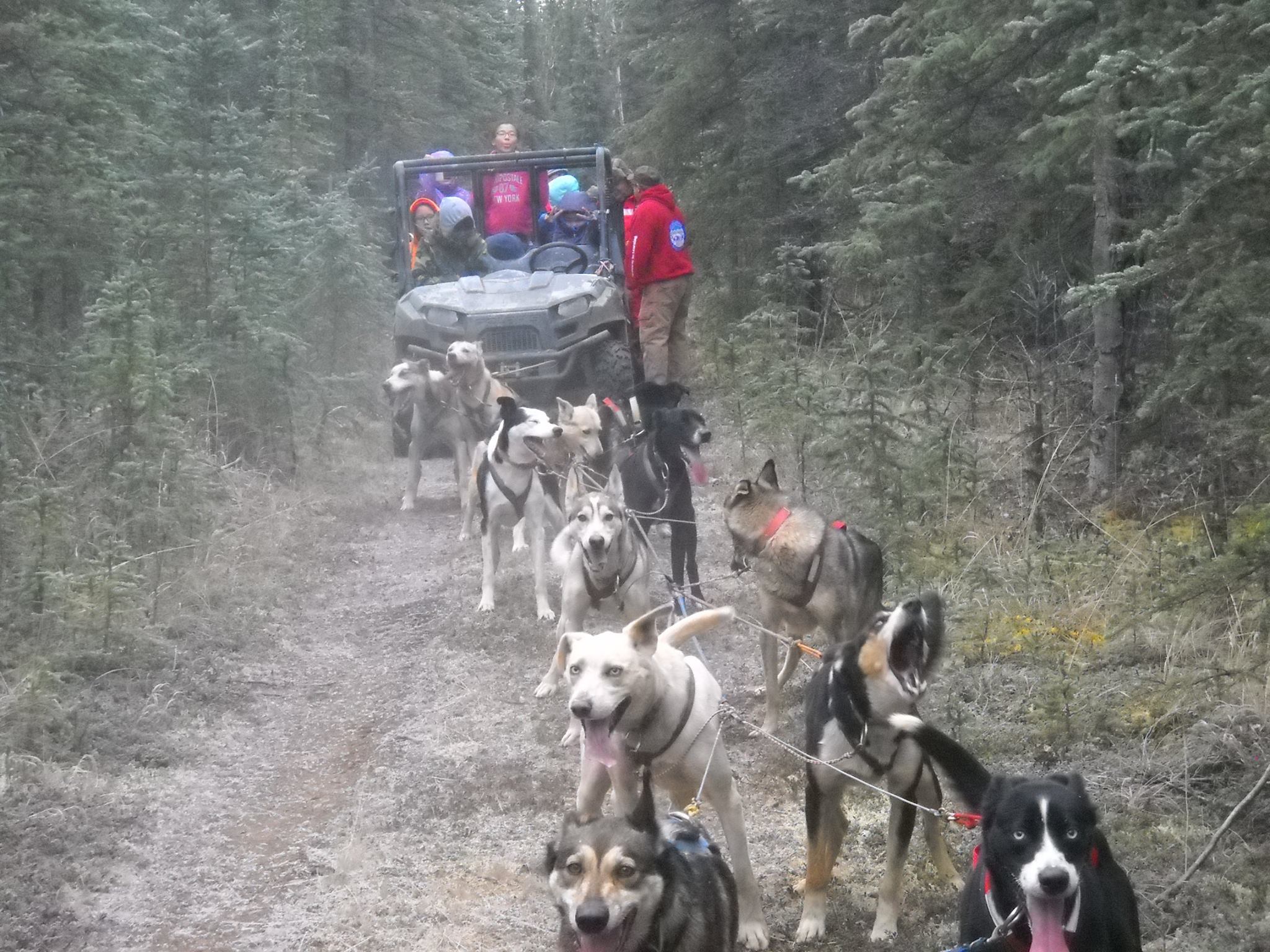 Rob Fabian with students running dogs by ATV.