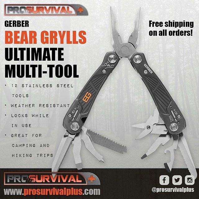 Gerber BEAR GRYLLS MULTI-TOOL!  This is Bear Grylls's go-to survival tool! Containing 12 stainless steel, weather-resistant tools that lock while in use, this is a safe, reliable multi-tool to have in the wild. Visit www.prosurvivalplus.com to see mo