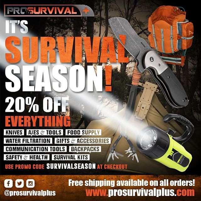 FALL is here &amp; it's SURVIVAL SEASON!!! Get ready for camping and the outdoors! We are a one-stop shop for everything SURVIVAL! Save 20% + FREE SHIPPING today! Use promocode SURVIVALSEASON at checkout! Please LIKE &amp; SHARE!
---
www.prosurvivalp