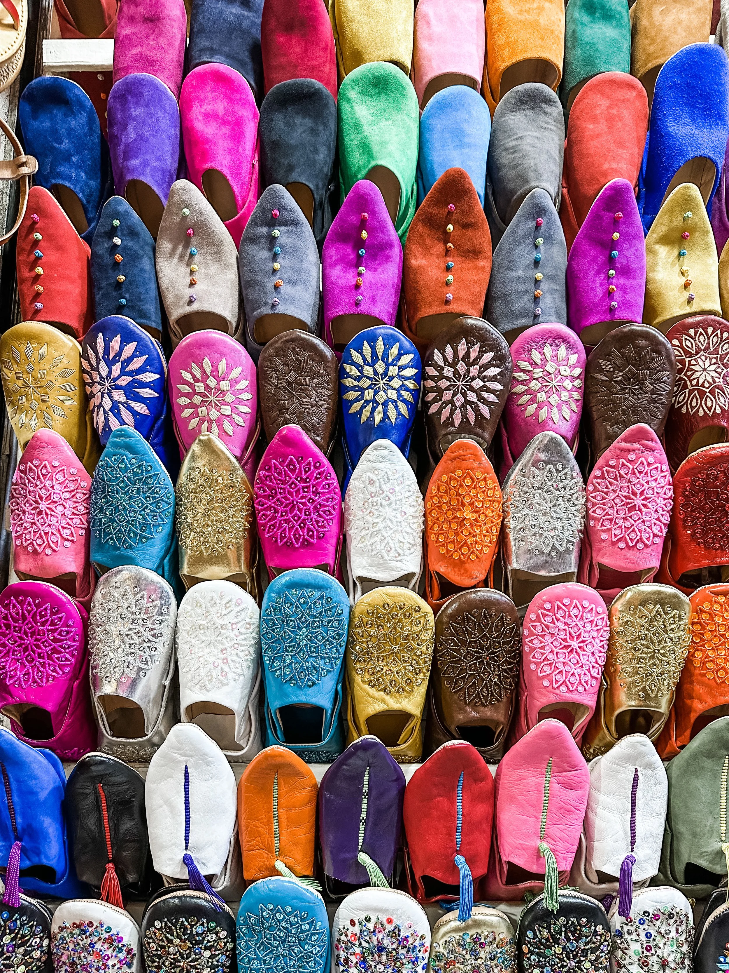 colorful handmade shoes in a Moroccan market