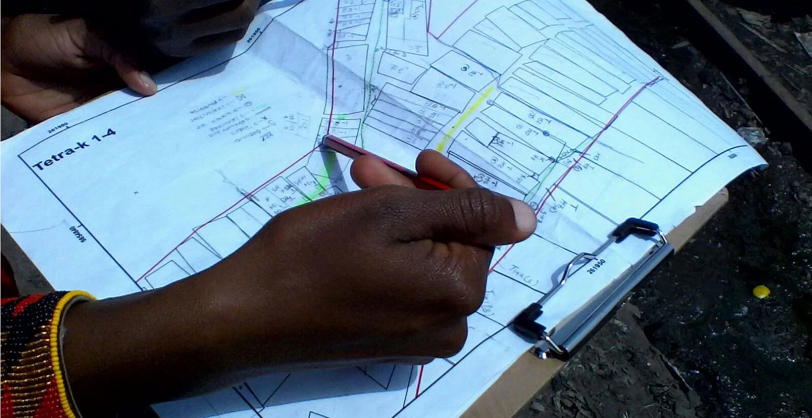 Early paper version of a map of Viwandani informal settlement, Nairobi. Photo: Grace Githiri.
