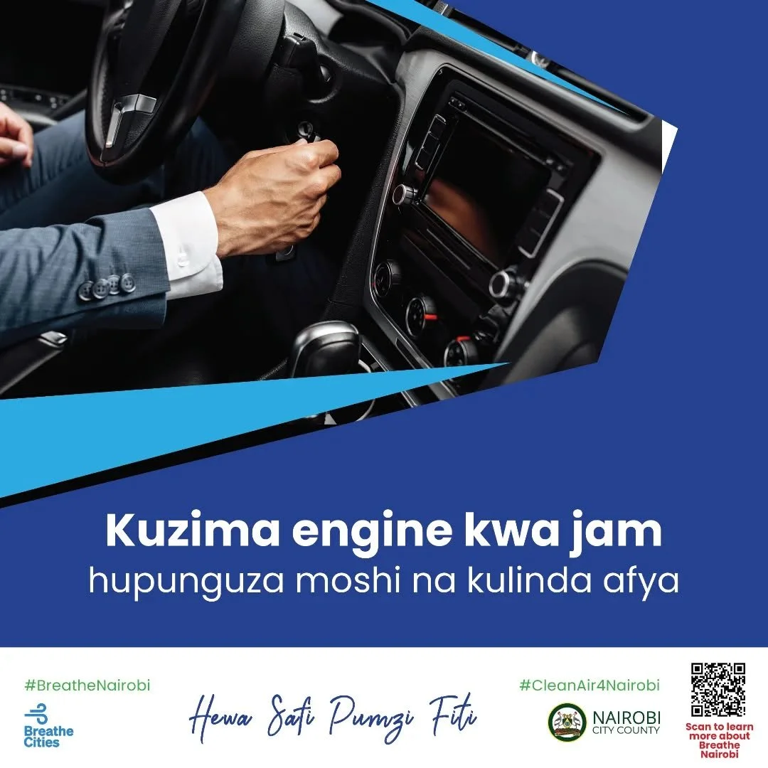 🚗Stuck in a jam? Switch off your engine! 

Idling vehicles spew unnecessary emissions, but turning off reduces pollution by up to 20% per trip, leading to cleaner air and healthier lungs for Nairobi. 

Be the change! Simple action, big impact.

&quo