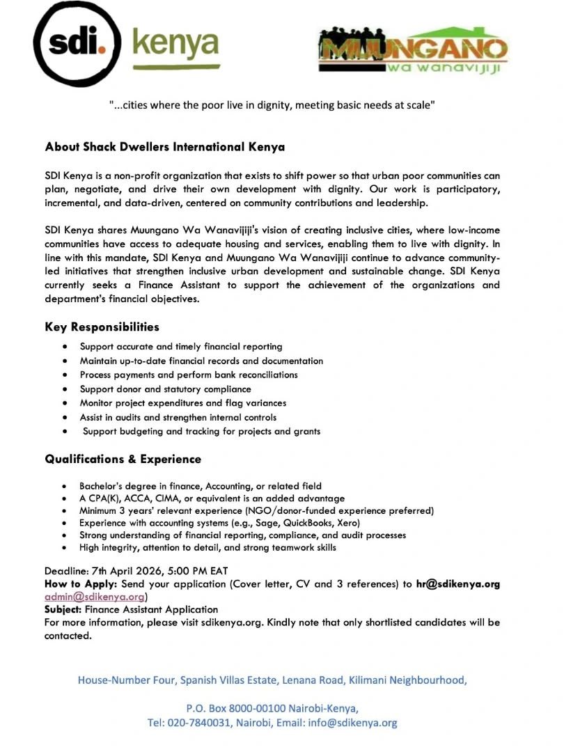 We&rsquo;re hiring! 📢

 Join SDI Kenya as a Finance Assistant and be part of a team advancing community-led development and inclusive cities.

We&rsquo;re looking for someone to support transparent, accountable, and impactful work across our program