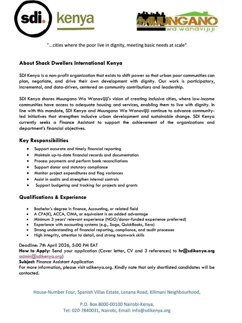 We&rsquo;re hiring! 📢

 Join SDI Kenya as a Finance Assistant and be part of a team advancing community-led development and inclusive cities.

We&rsquo;re looking for someone to support transparent, accountable, and impactful work across our program