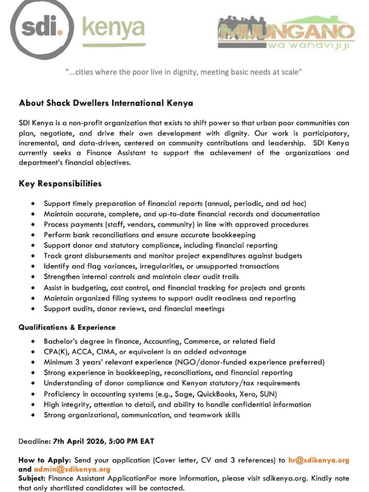 We&rsquo;re hiring! 📢

Still thinking about applying? This is your sign.

Join SDI Kenya as a Finance Assistant and be part of work that truly matters.

✨ Work that matters
✨ Impact you can see

⏳ Deadline: 7th April 2026 (just a few days left!)

If