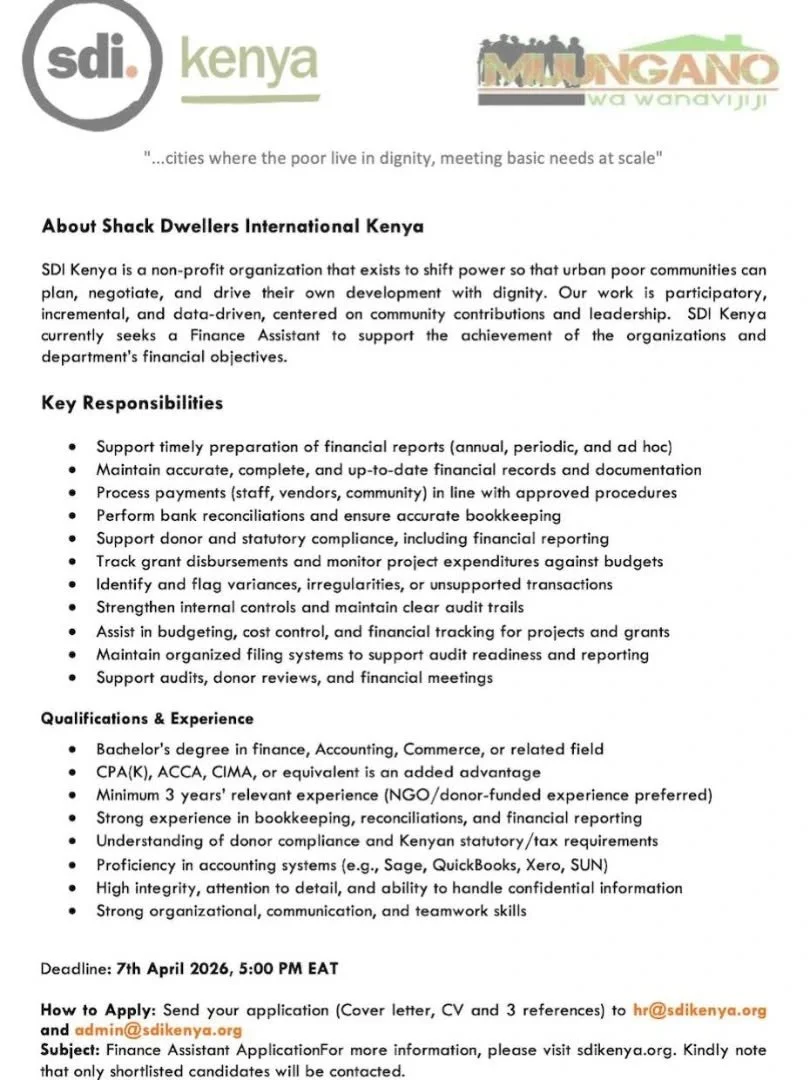 We&rsquo;re hiring! 📢 LAST DAY to apply!

Still thinking about it? This is your sign.

Join SDI Kenya as a Finance Assistant and fuel work that truly matters.

✨ Work that matters
✨ Impact you can see

⏳ Deadline: TODAY, 7th April 2026

If you love 