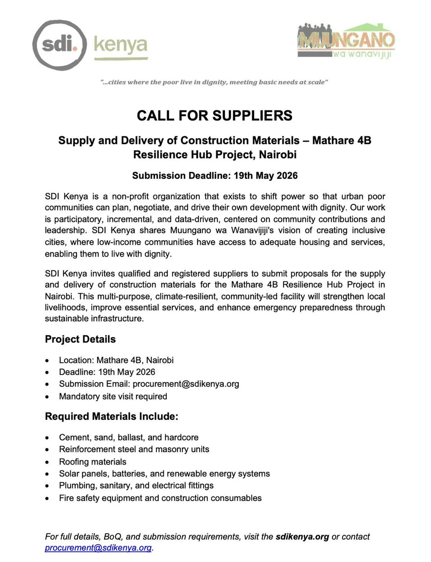 SDI Kenya invites qualified suppliers to support the Mathare 4B Resilience Hub Project through the supply and delivery of construction materials.

📅 Deadline: 19th May 2026

Full details available via the link below.https://cdn.prod.website-files.co