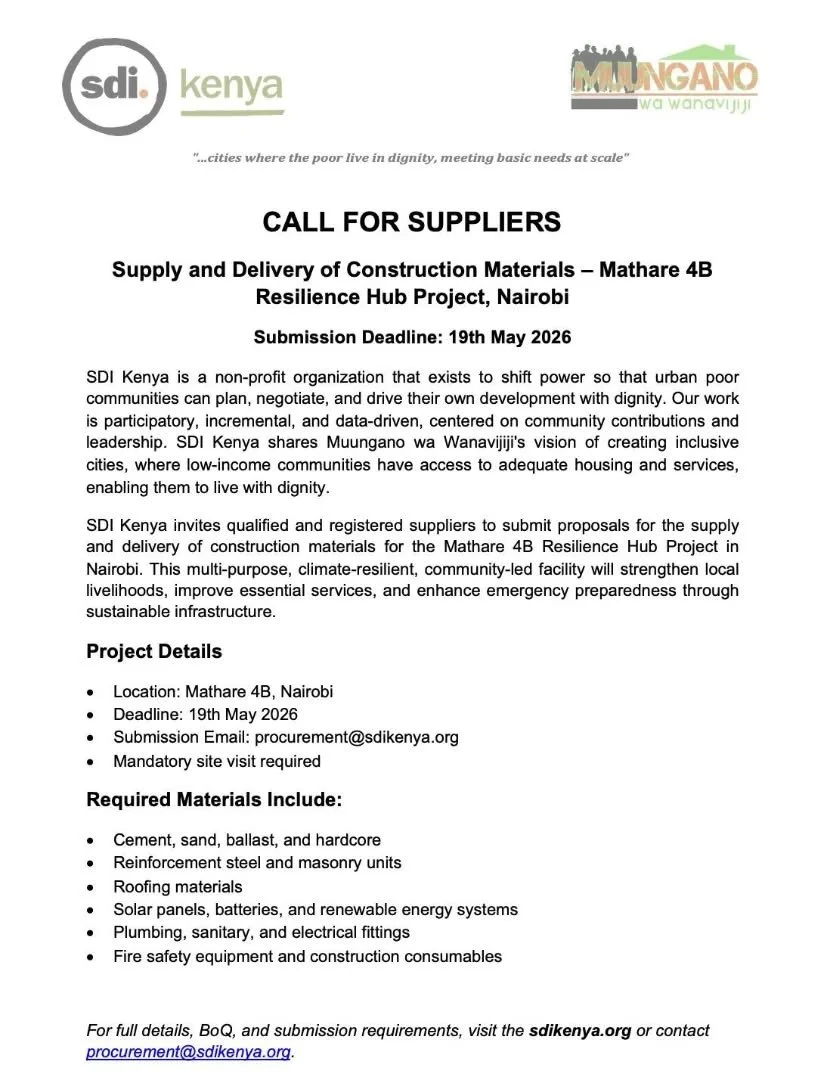 SDI Kenya invites qualified suppliers to support the Mathare 4B Resilience Hub Project through the supply and delivery of construction materials.

📅 Deadline: 19th May 2026

Full details available via the link below. https://cdn.prod.website-files.c