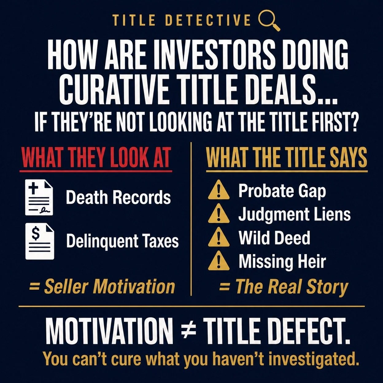Here's a question I keep asking myself, and I want to know what you think:

I see posts about investors out here doing "curative title deals": buying properties specifically because of title issues. Probate situations. Delinquent taxes. Dis