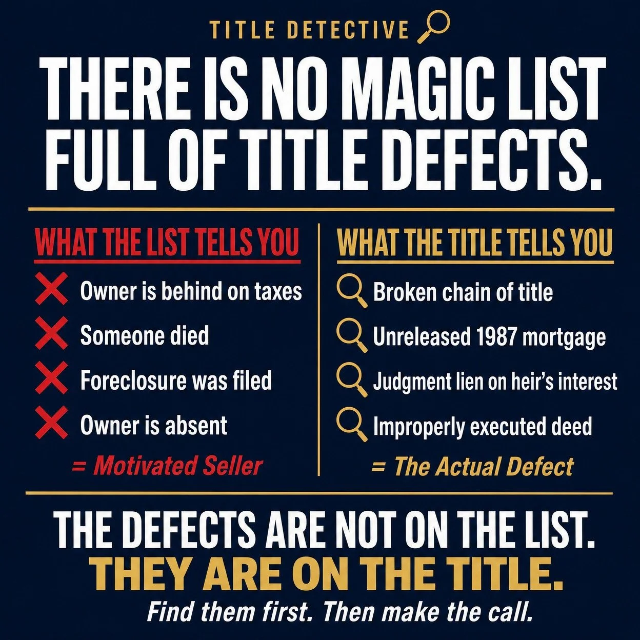 There is no magic list full of title defects. 🔍

You can use any list you want: probate, tax delinquency, pre-foreclosure, absentee owners. Every one of those lists gives you motivated sellers.

But motivated sellers are not the same as title defect
