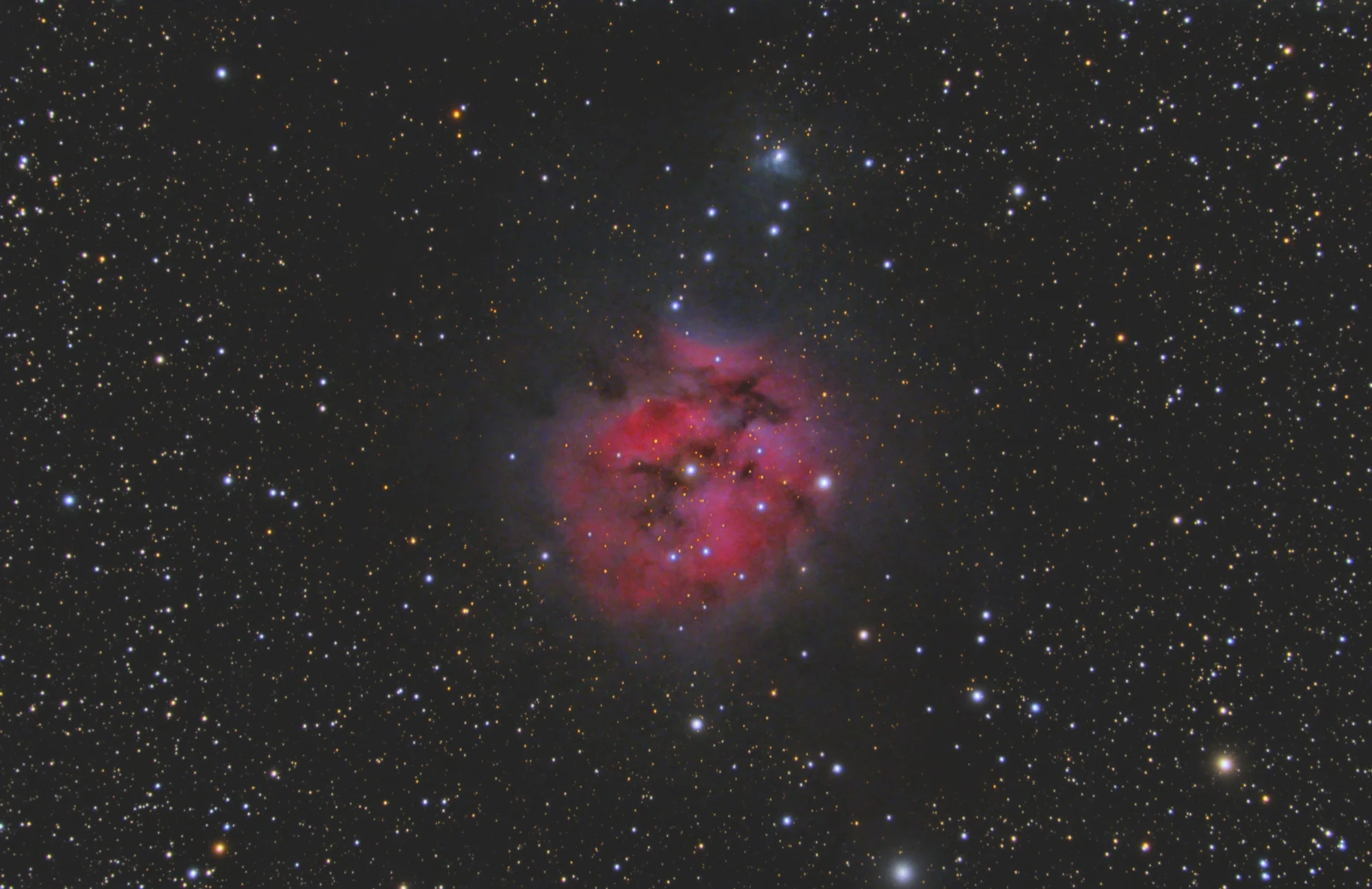 Here’s day two. I’ve added 360 more 60s subs. Lots more color, everything is brighter, and I’m starting to see more of the faint white nebulosity around the edges of the nebula.