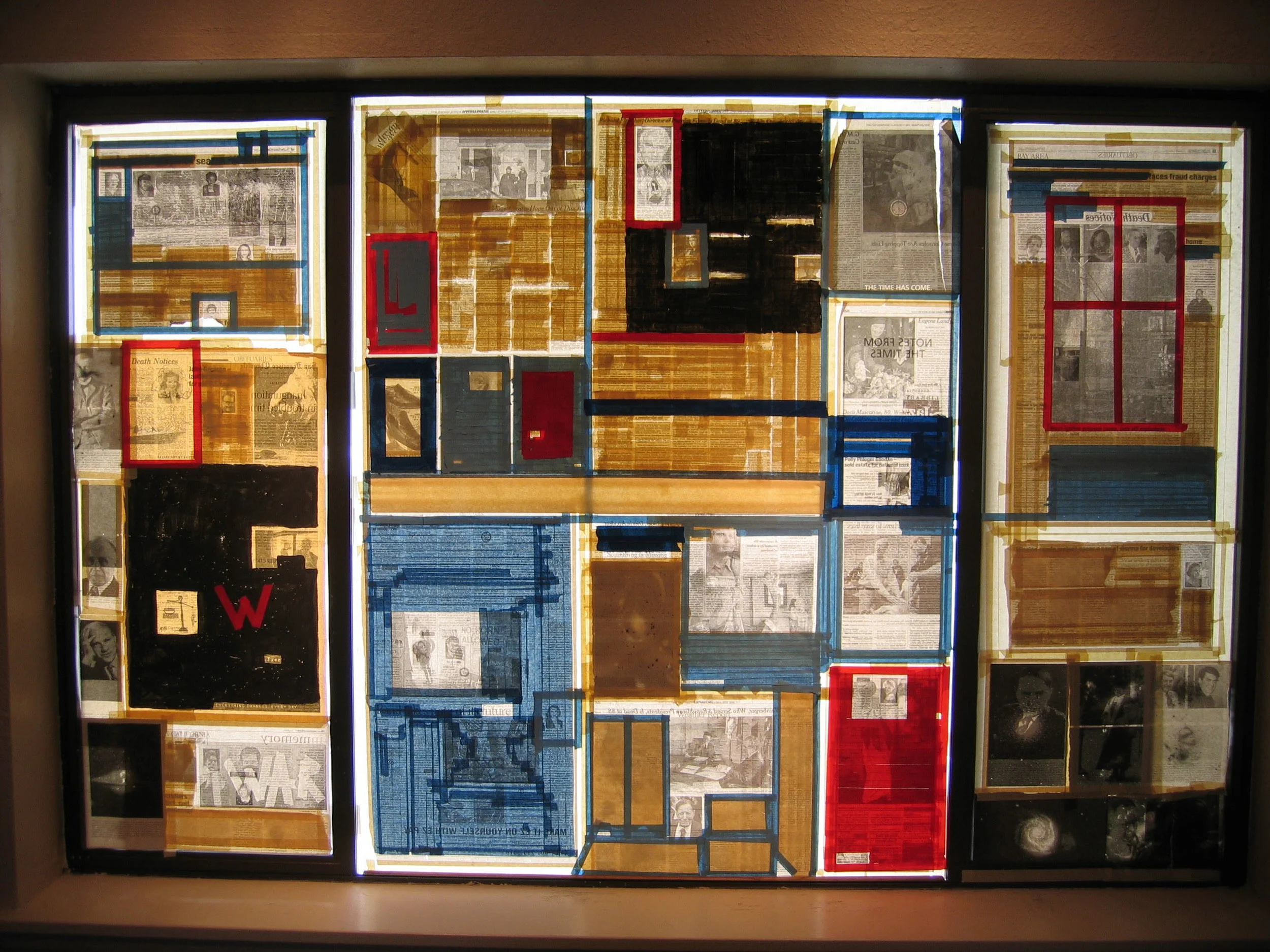 obituaries in the window at 4 Star Video gallery, SF, for the show, Your Future, 2006