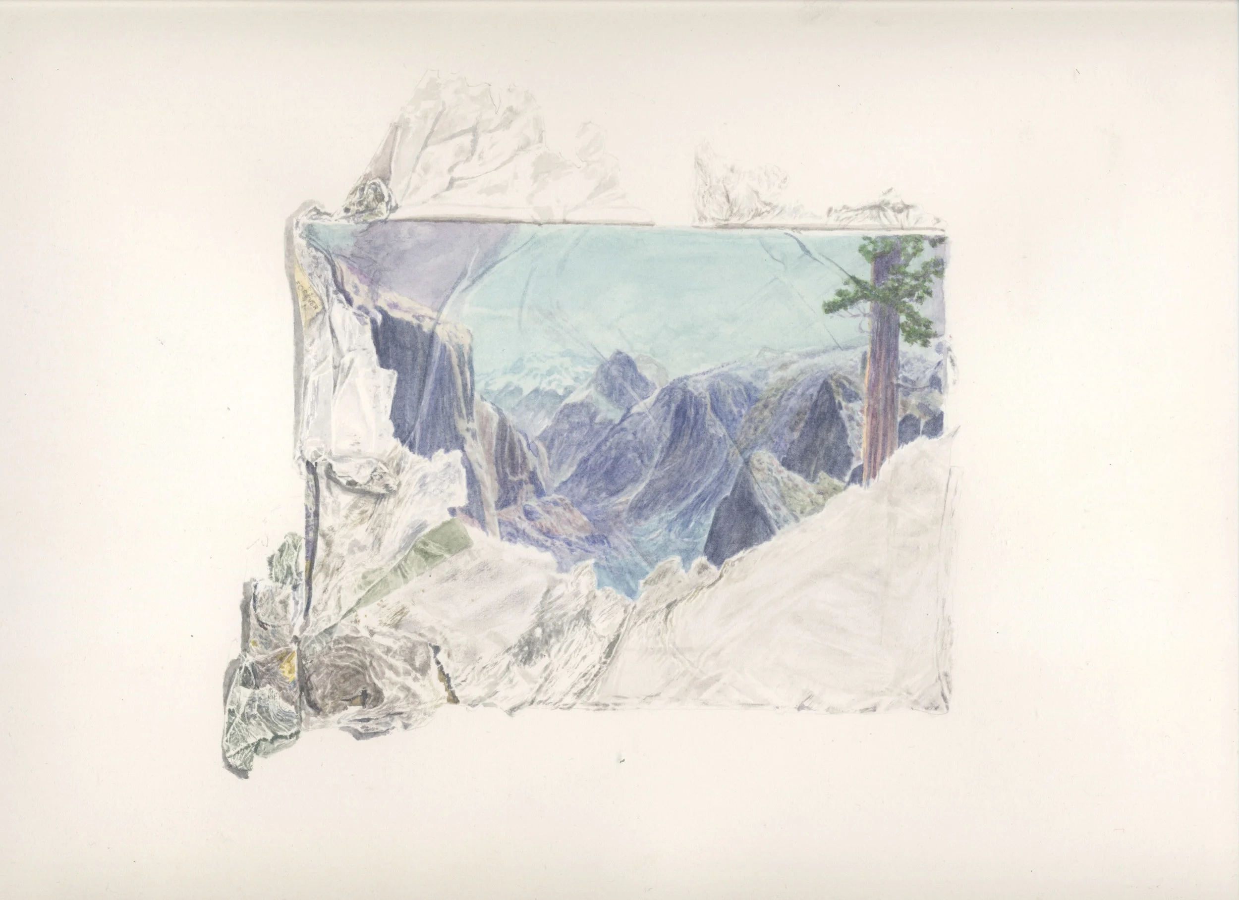 "Who sat on mountain tops in cars reading books aloud to canyon", 2013 Watercolour on found paper 11 × 15 1/5 in