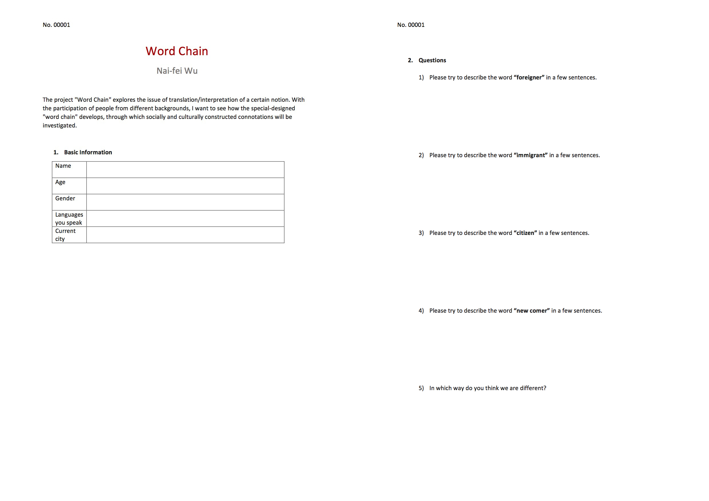 The questionnaire for the participants to fill in.