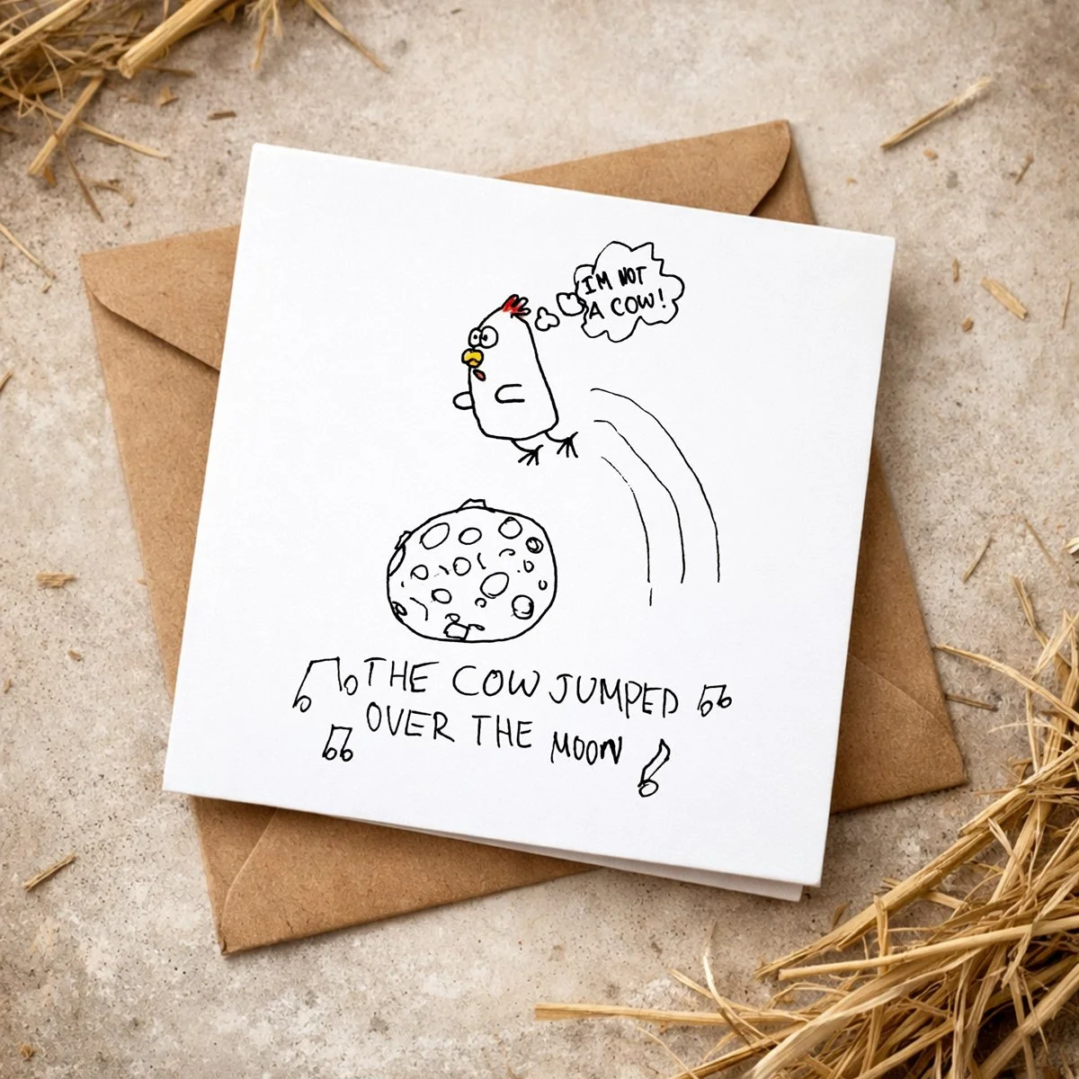 'Chook jumped over the moon' Greeting Card