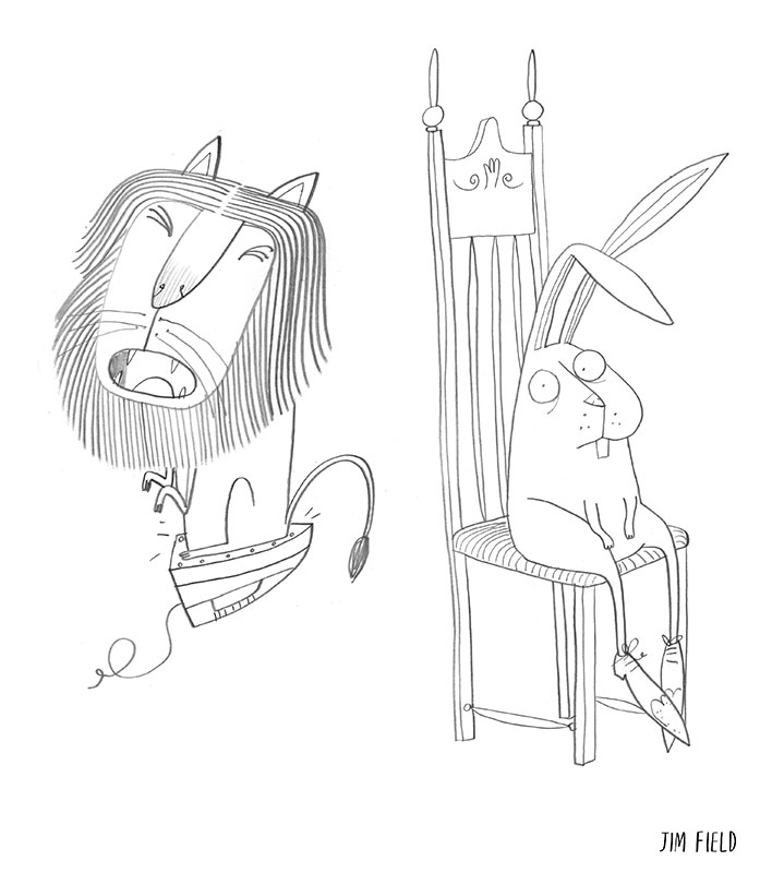 I then developed the characters concepts into colour to give a taste of how the finished 'look' might be, the frog actually doesn't change much at all, in-fact this early pose of him with the splinters in his bottom was the same pose in the opening spread. The cat developed as the booked progressed.