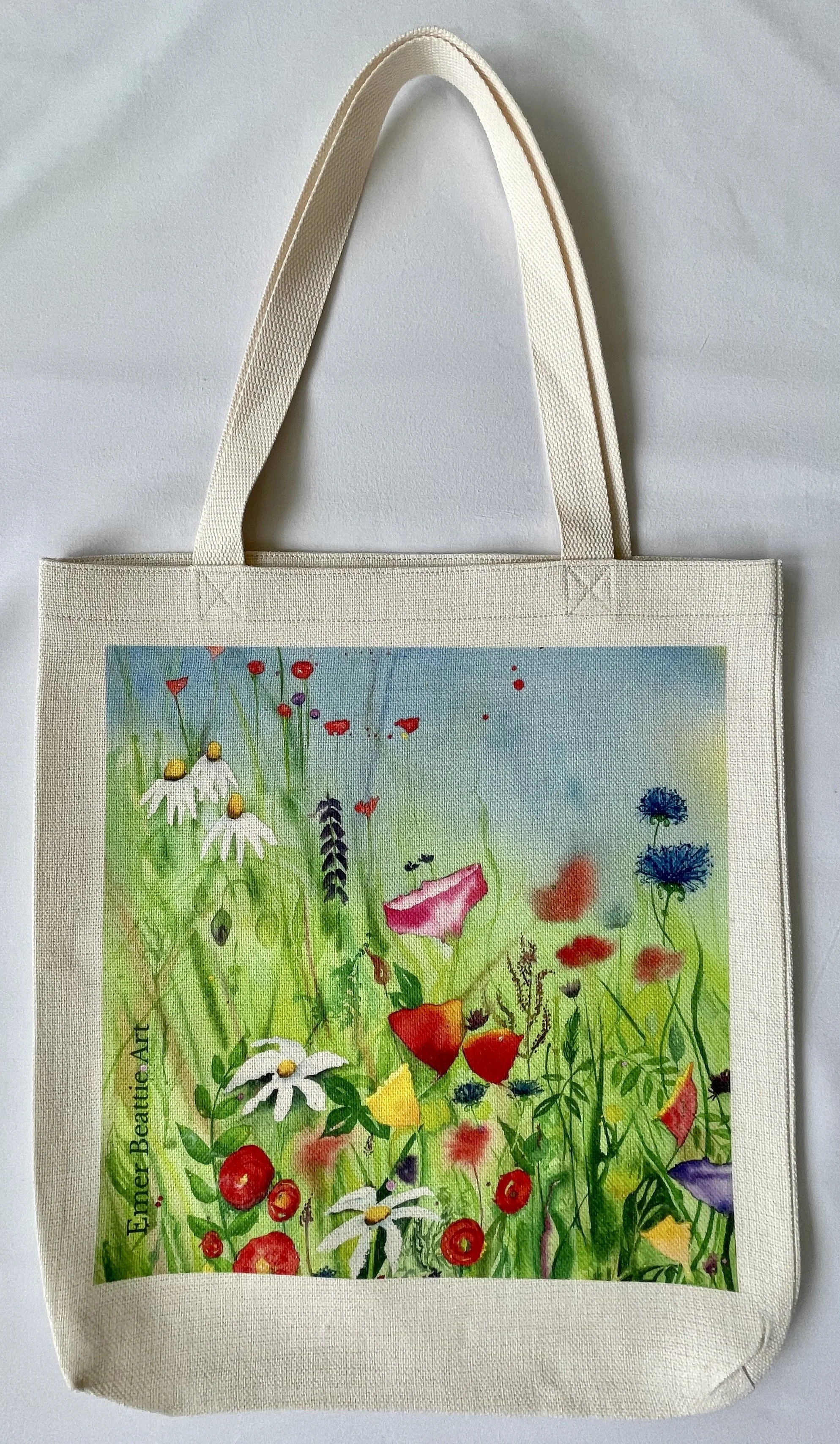 Linen Tote bag with blue sky and watercolour wildflower image