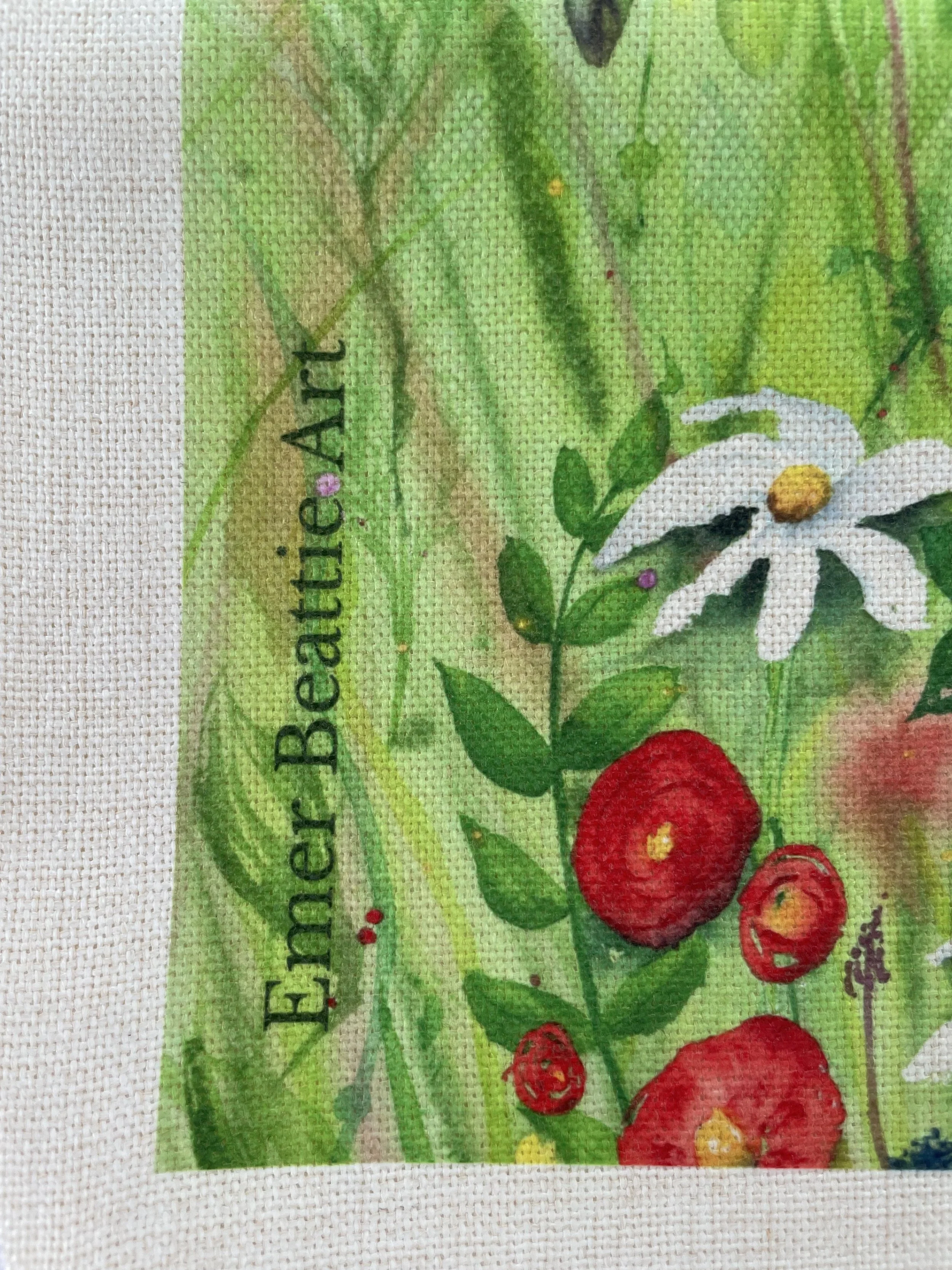 Close-up of great quality art reproduction on linen tote bag.