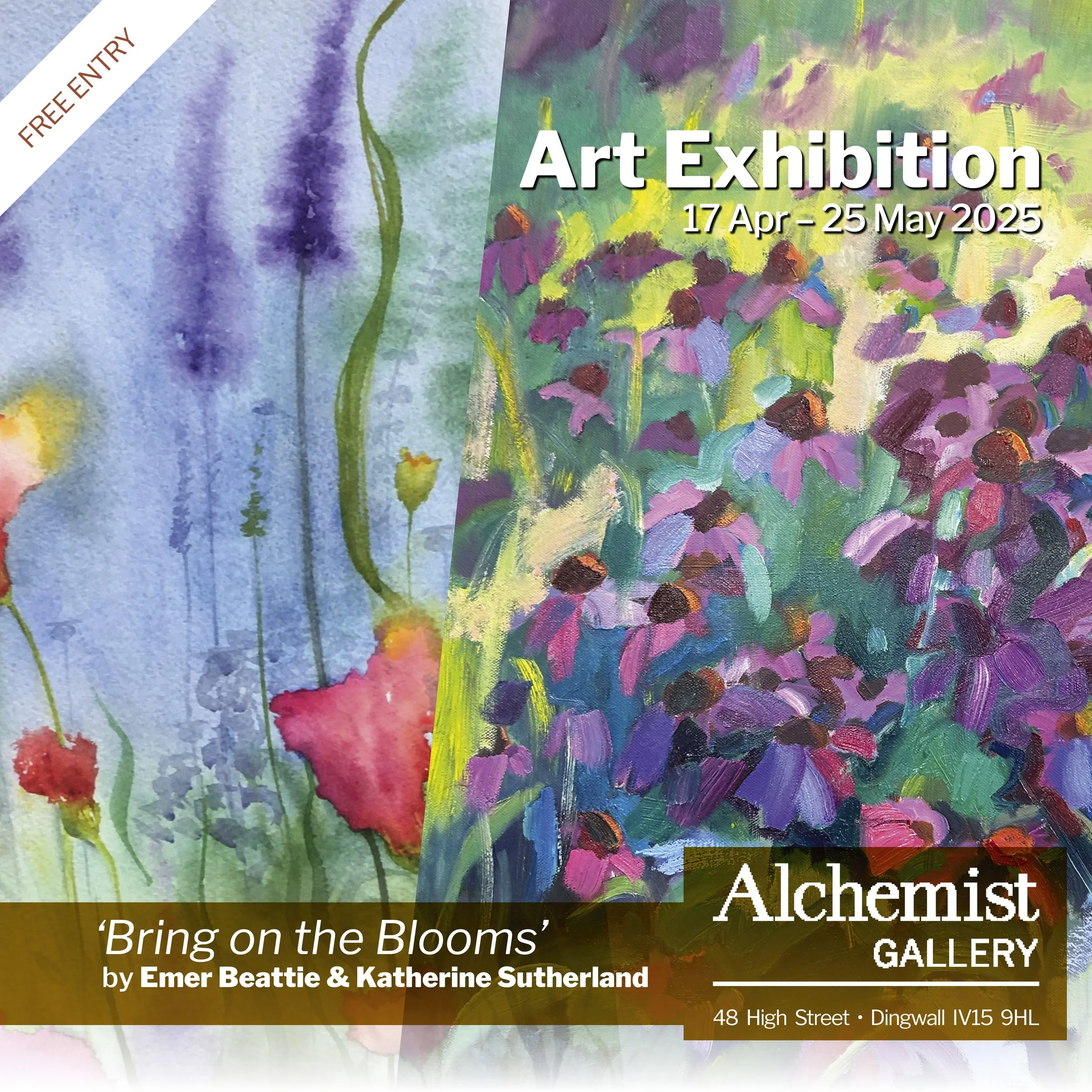 Poster for "Bring on the Blooms" exhibition in the Alchemist Gallery in Dingwall.