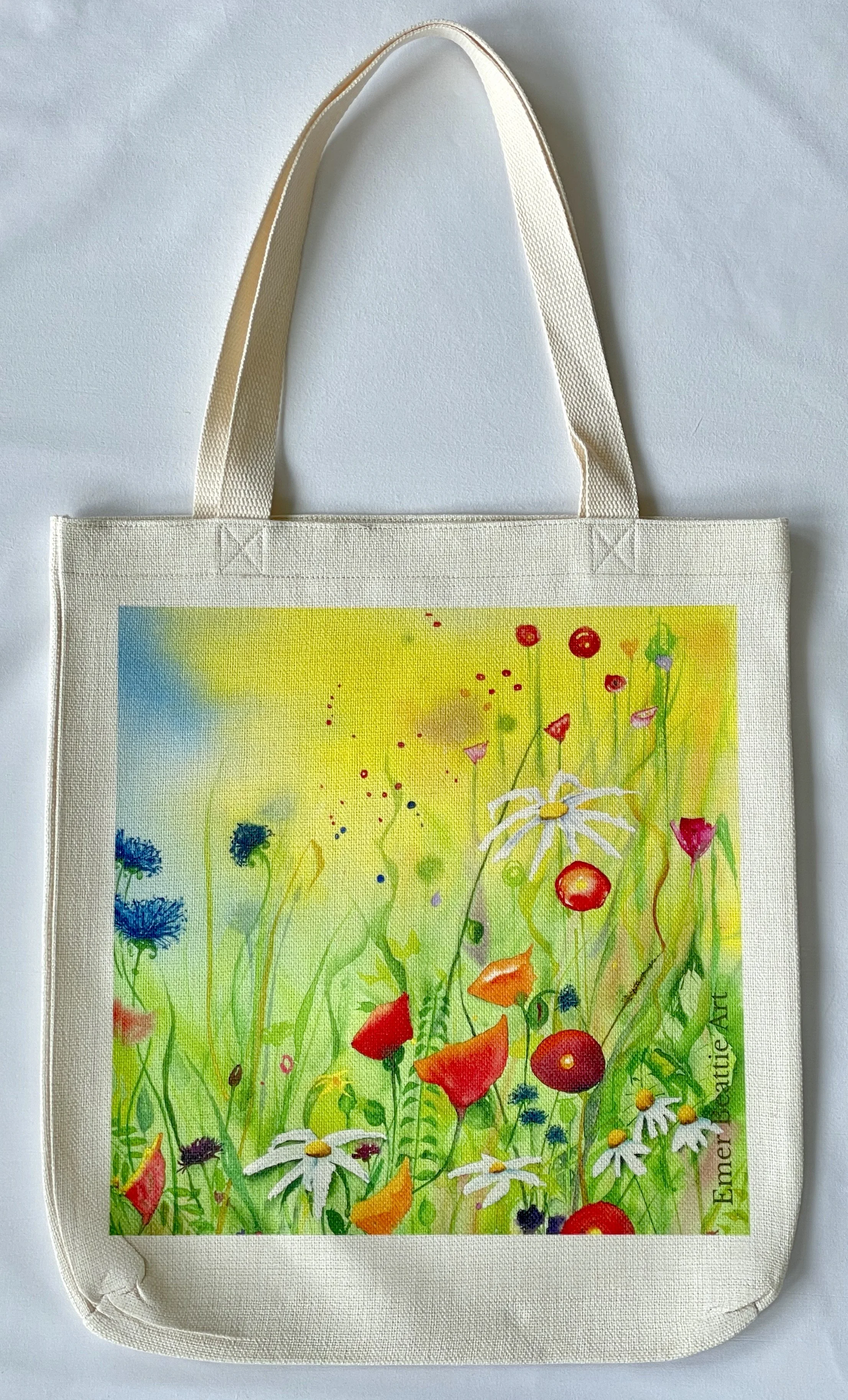 Linen Tote bag with yellow sky and watercolour wildflower image (Copy)