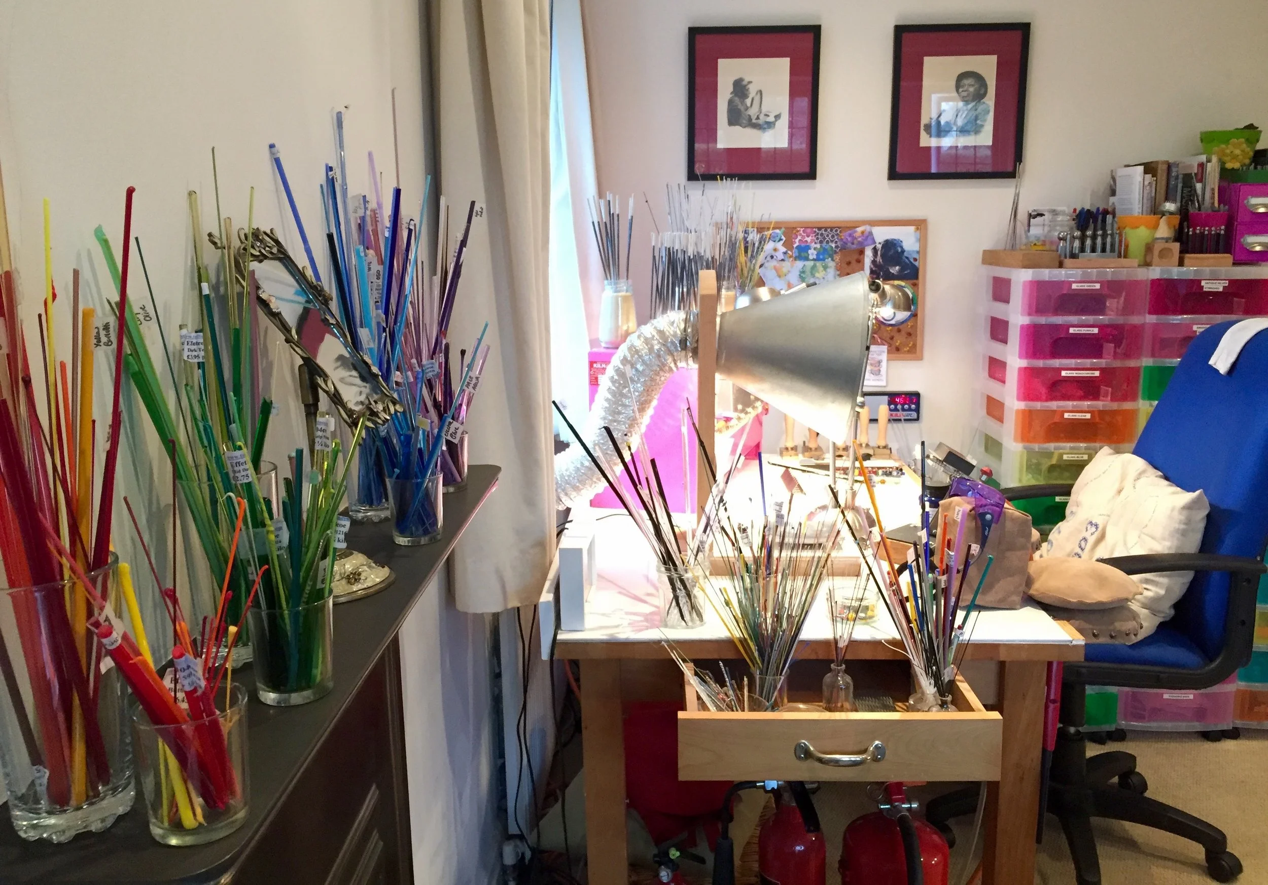 Torching table and selection of glass rods...