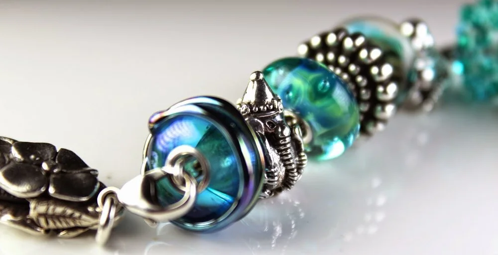 Lotus Charm Bead Set - Beautiful Calming Teal and Aqua Glass