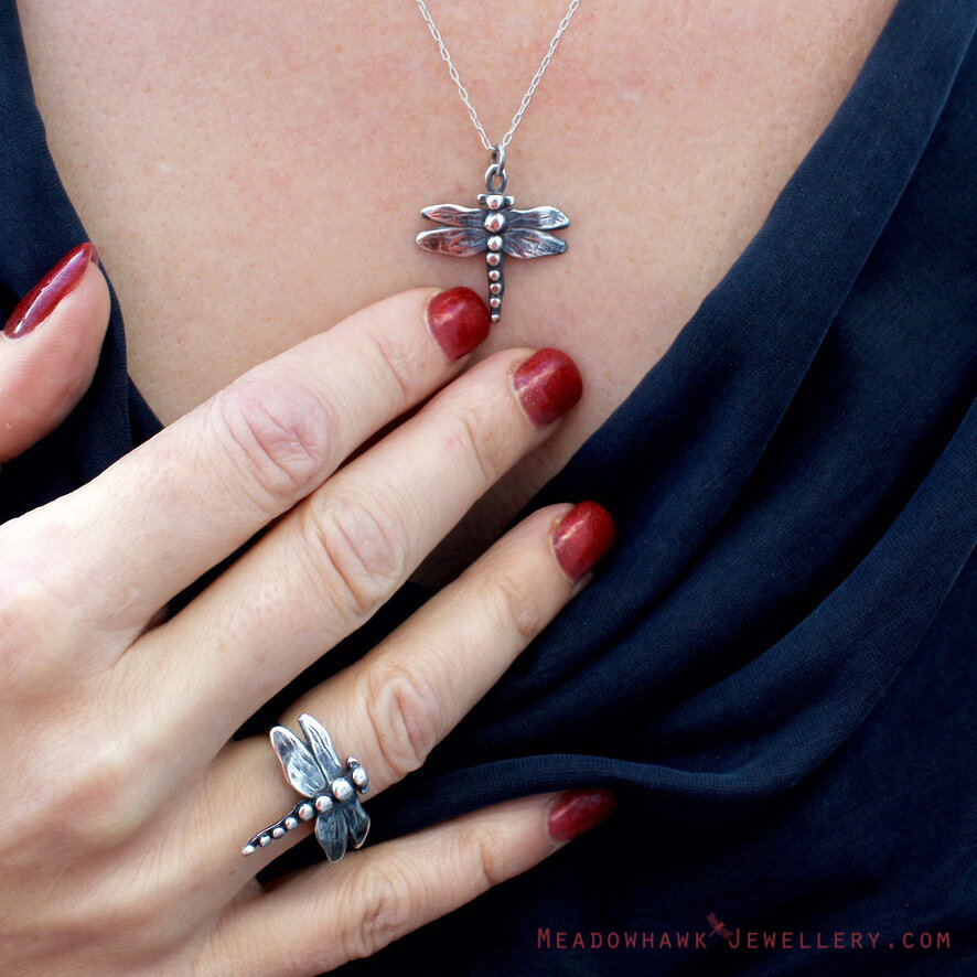 Silver Dragonfly Ring and Necklace 