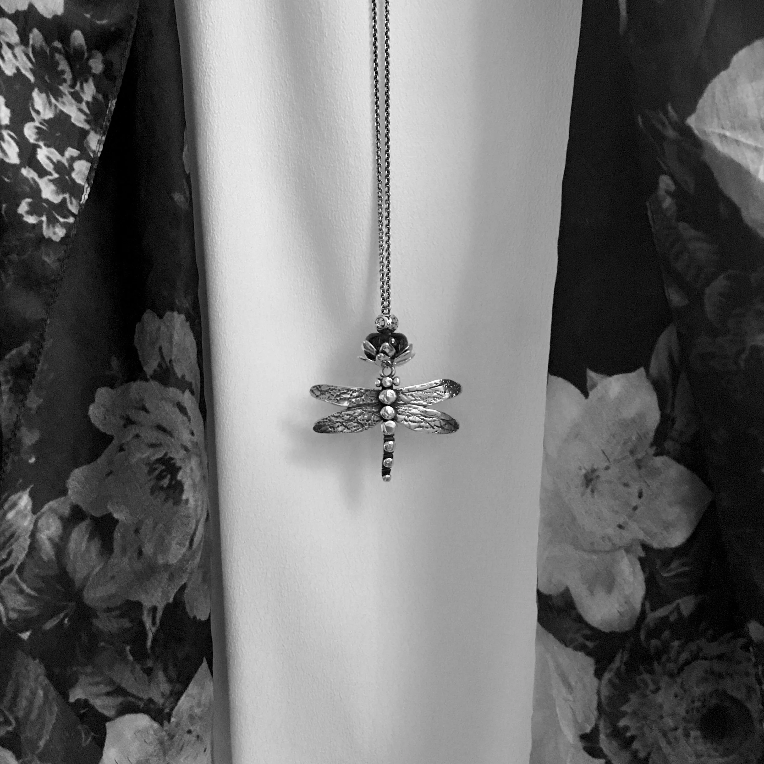 Large Meadowhawk Dragonfly - Handmade in Sterling Silver shown in antiqued finish with the long chain