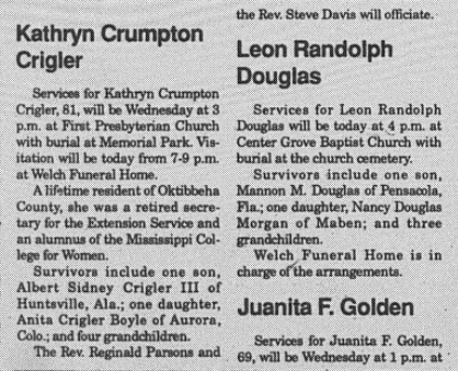 November 13, 1990 - Kathryn Crigler's Obituary