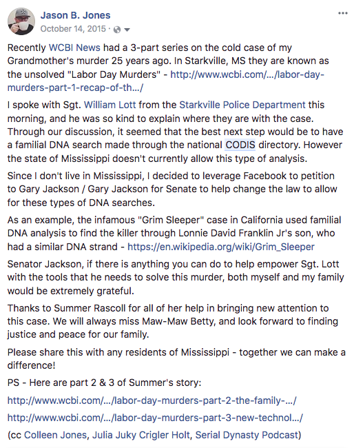 October 14, 2015 - Jason's Facebook post after speaking with Sgt. Lott for the first time