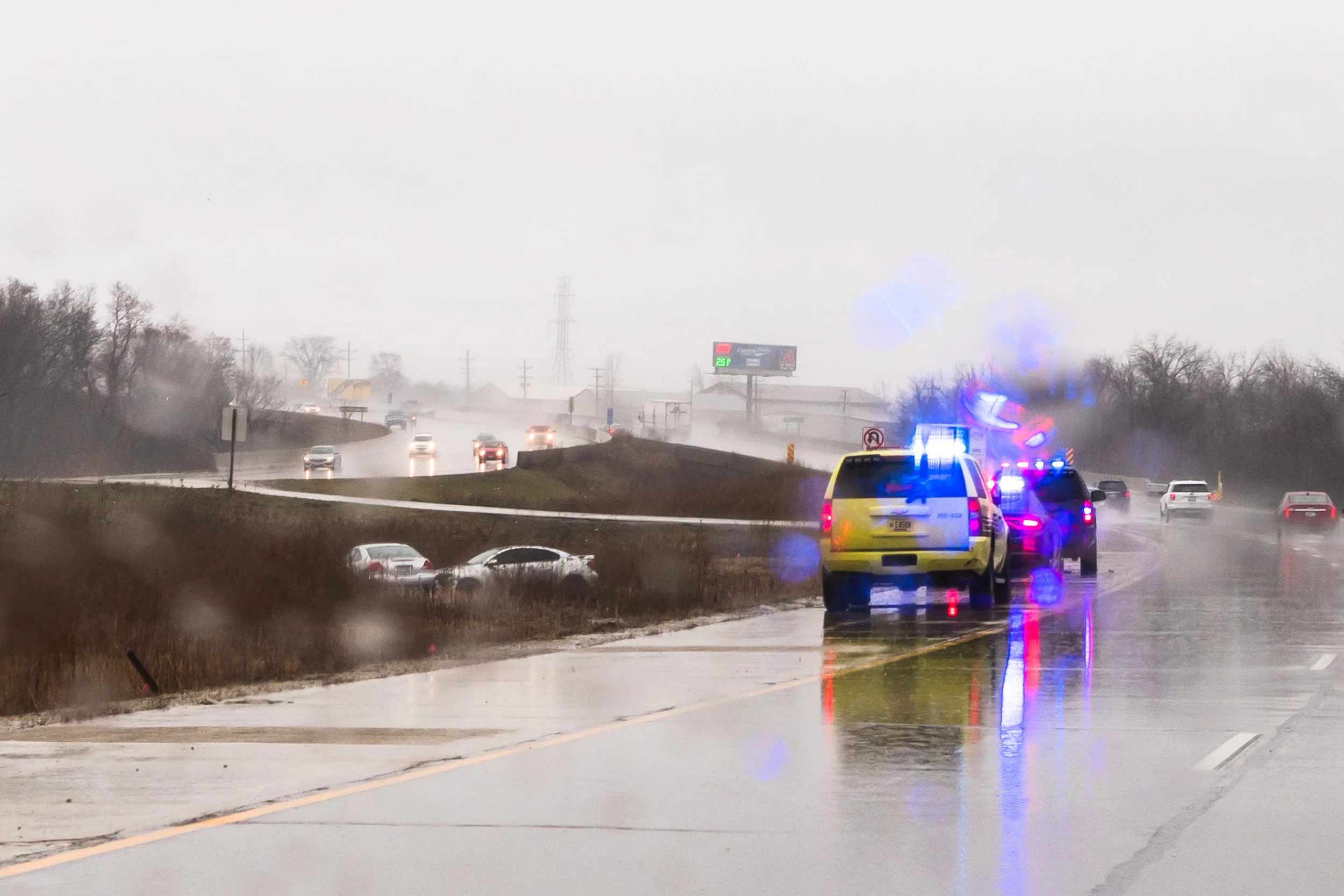Hazardous conditions from hard rain created a bad outcome of two cars Sunday. The result of spinning off the pavement, they came together in the center divider between the north and southbound lanes of Interstate 94 just north of Caledonia. 