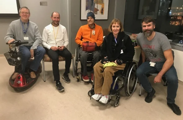 The SCI Peer Support Group members at the very first meeting in the Sobrato Pavilion (from left to right): Kevin, Nick, Rich, Cindy and James