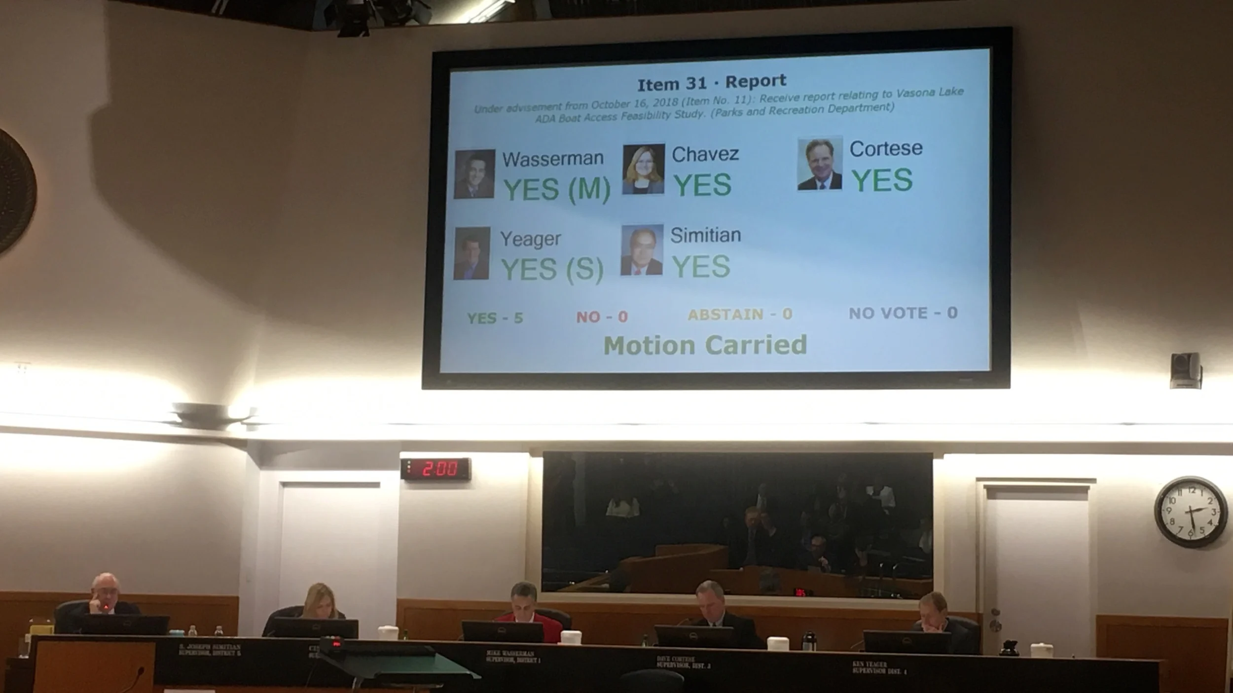 The monitor hanging over the Supervisors reflects the unanimous support the boating center upgrade received