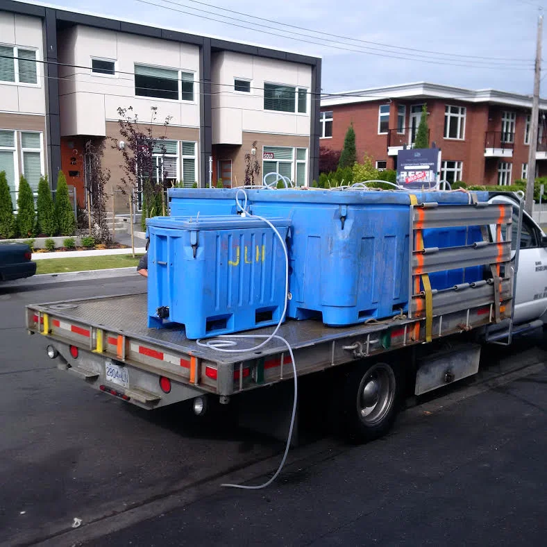 A load of crab arriving at the plant. Bubble tote technology ensures a top notch product for our customers.
