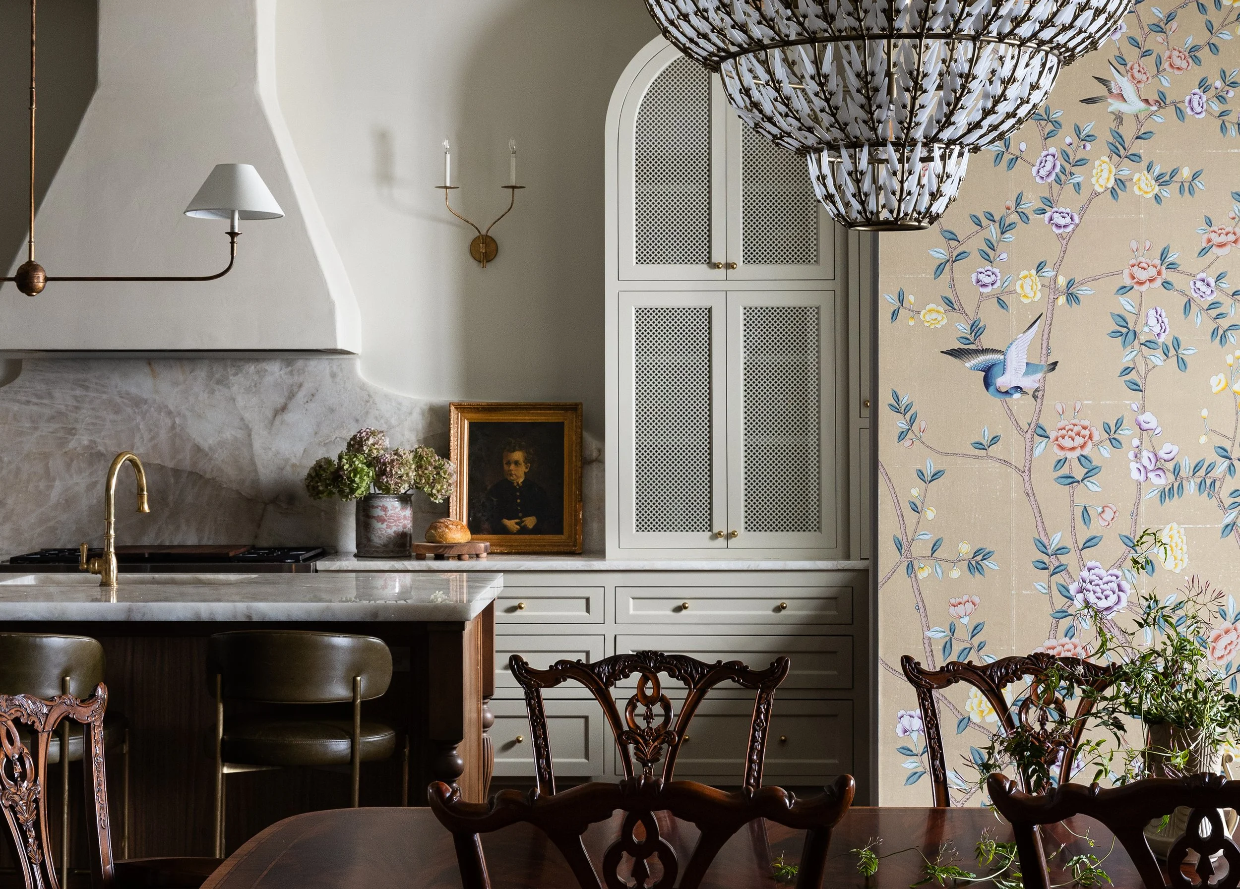 Yellow chintz wallpaper in dining room